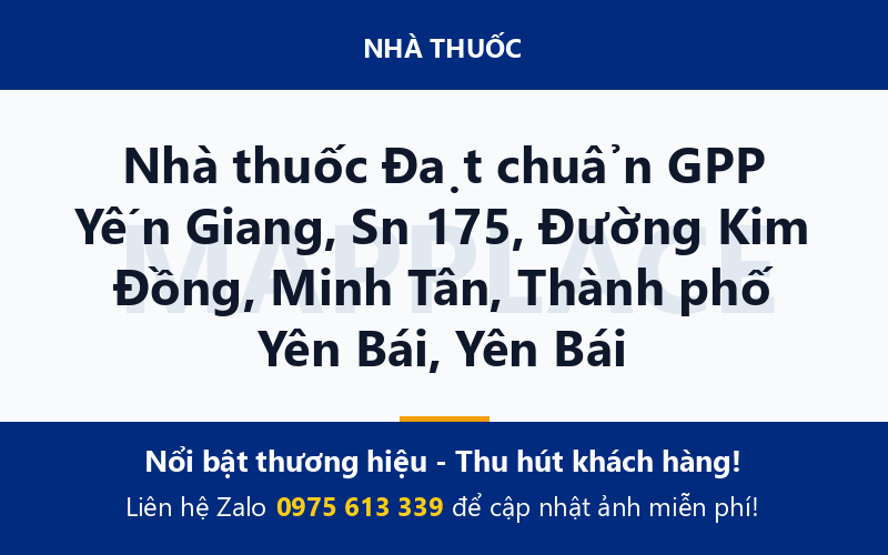 Nhà thuốc Đạt chuẩn GPP Yến Giang, Sn 175, Đường Kim Đồng, Minh Tân, Thành phố Yên Bái, Yên Bái